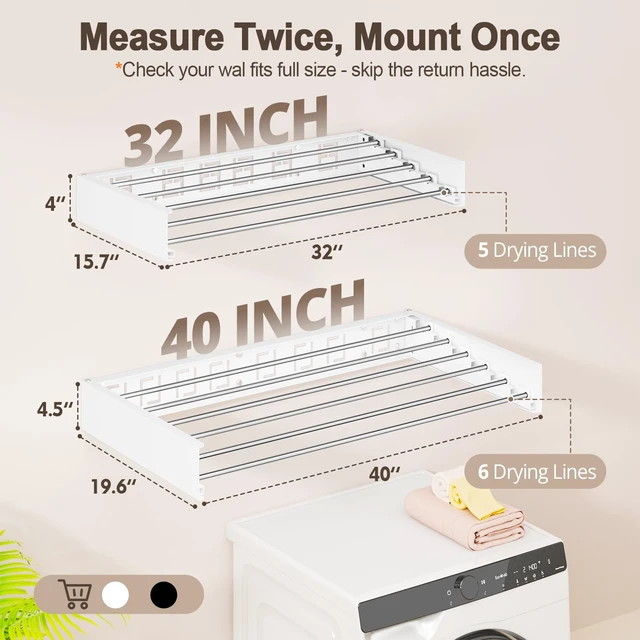 Alt view image 3 of 7 - Wall Mounted Clothes Drying Rack Folding Indoor, Foldable Laundry Drying Rack Collapsible,Invisible, Space Saving, Retractable Towel Drying Rack, with Wall Template(6 Drying Rods, White 40")