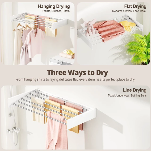 Alt view image 7 of 7 - Wall Mounted Clothes Drying Rack Folding Indoor, Foldable Laundry Drying Rack Collapsible,Invisible, Space Saving, Retractable Towel Drying Rack, with Wall Template(6 Drying Rods, White 40")