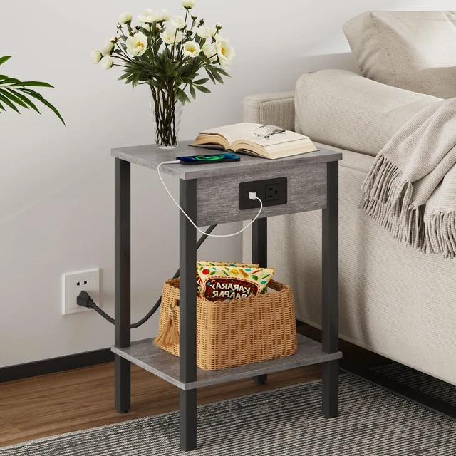 Alt view image 4 of 7 - Side Table with Charging Station, Set of 2 End Tables with USB Port and Outlets, Nightstands with 2-Tier Storage Shelves, Sofa Table for Small Space, Living Room, Bedroom, Grey 102H2