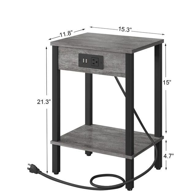 Alt view image 6 of 7 - Side Table with Charging Station, Set of 2 End Tables with USB Port and Outlets, Nightstands with 2-Tier Storage Shelves, Sofa Table for Small Space, Living Room, Bedroom, Grey 102H2
