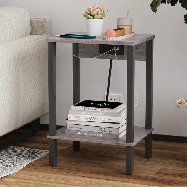 Alt view image 5 of 7 - Side Table with Charging Station, Set of 2 End Tables with USB Port and Outlets, Nightstands with 2-Tier Storage Shelves, Sofa Table for Small Space, Living Room, Bedroom, Grey 102H2