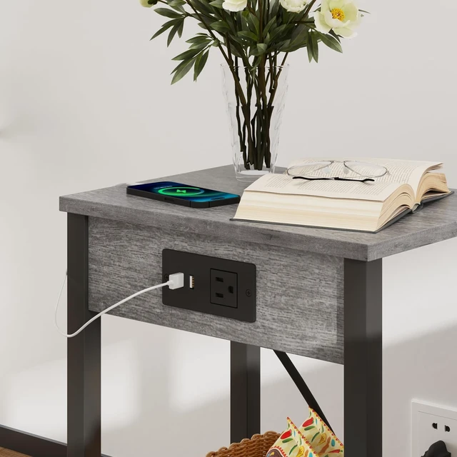 Alt view image 7 of 7 - Side Table with Charging Station, Set of 2 End Tables with USB Port and Outlets, Nightstands with 2-Tier Storage Shelves, Sofa Table for Small Space, Living Room, Bedroom, Grey 102H2