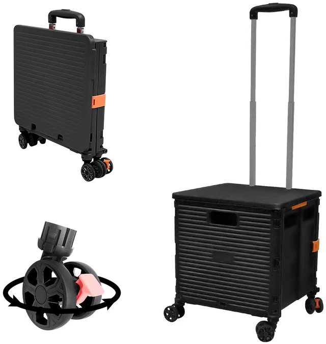 Main image of SELORSS Foldable Utility Cart Folding Portable Rolling Crate-Black | Durable,Heavy Duty,Plastic Box,Telescoping Handle,4 Rotate Wheels,Collapsible Handcart for Travel Shop Move Luggage Office