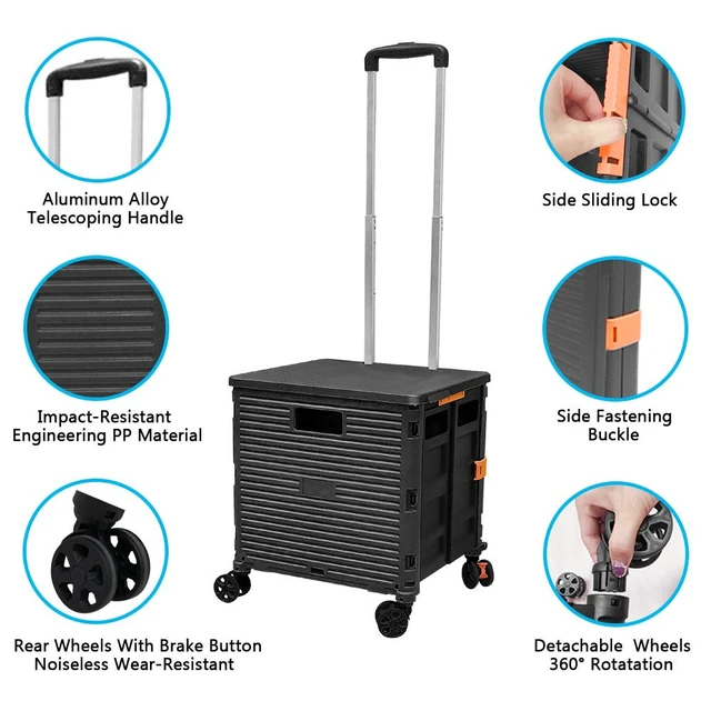 Alt view image 2 of 7 - SELORSS Foldable Utility Cart Folding Portable Rolling Crate-Black | Durable,Heavy Duty,Plastic Box,Telescoping Handle,4 Rotate Wheels,Collapsible Handcart for Travel Shop Move Luggage Office