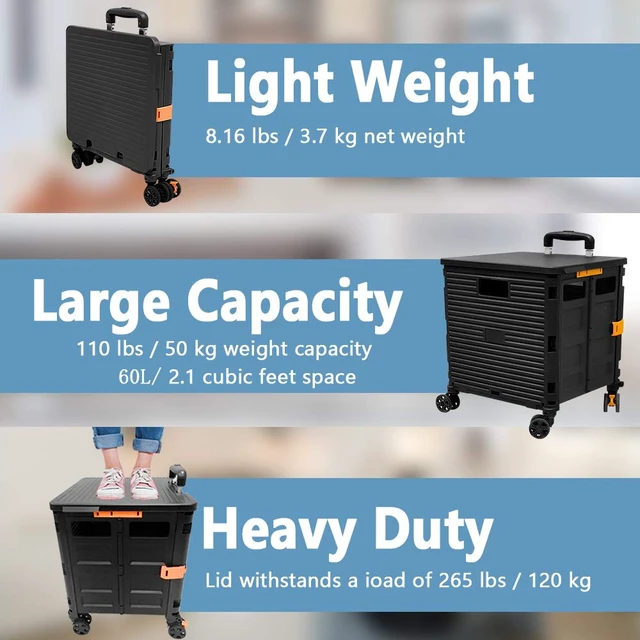 Alt view image 3 of 7 - SELORSS Foldable Utility Cart Folding Portable Rolling Crate-Black | Durable,Heavy Duty,Plastic Box,Telescoping Handle,4 Rotate Wheels,Collapsible Handcart for Travel Shop Move Luggage Office