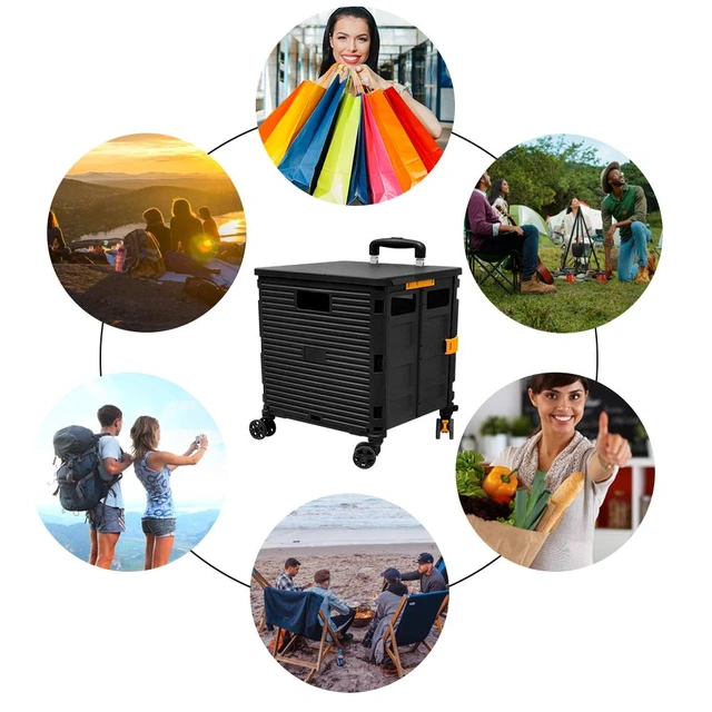 Alt view image 5 of 7 - SELORSS Foldable Utility Cart Folding Portable Rolling Crate-Black | Durable,Heavy Duty,Plastic Box,Telescoping Handle,4 Rotate Wheels,Collapsible Handcart for Travel Shop Move Luggage Office