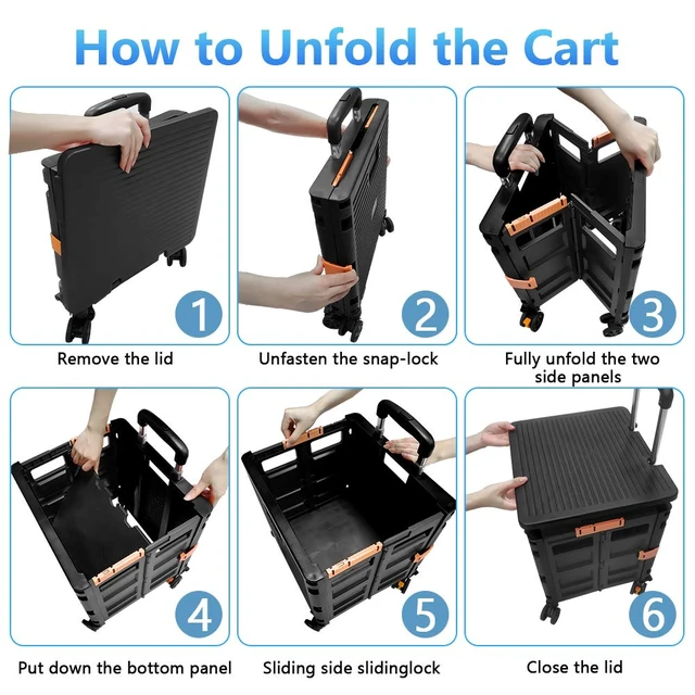 Alt view image 4 of 7 - SELORSS Foldable Utility Cart Folding Portable Rolling Crate-Black | Durable,Heavy Duty,Plastic Box,Telescoping Handle,4 Rotate Wheels,Collapsible Handcart for Travel Shop Move Luggage Office