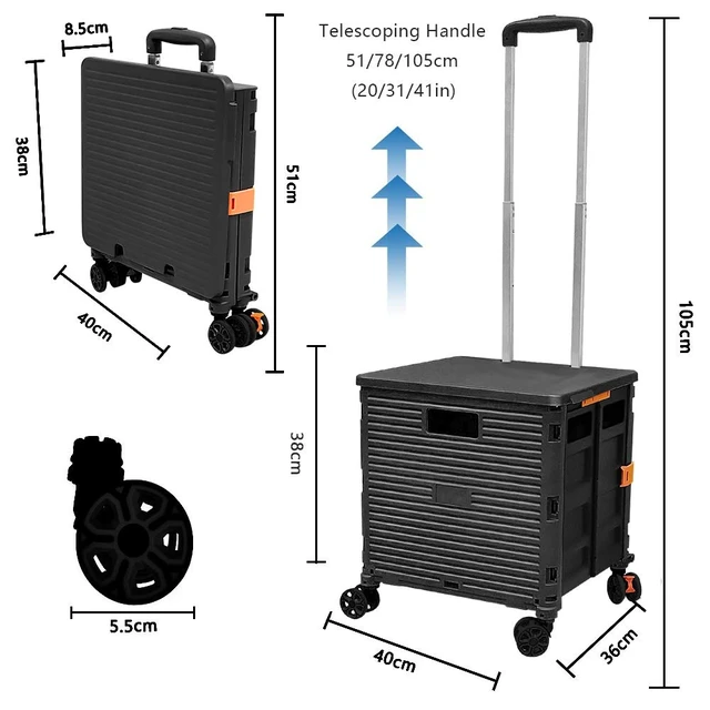 Alt view image 7 of 7 - SELORSS Foldable Utility Cart Folding Portable Rolling Crate-Black | Durable,Heavy Duty,Plastic Box,Telescoping Handle,4 Rotate Wheels,Collapsible Handcart for Travel Shop Move Luggage Office