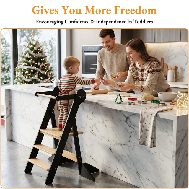 Alt view image 2 of 7 - Toddler Standing Tower Foldable Toddler Kitchen Step Stool | Adjustable Height Folding Step Stool for Kids Learning, Cooking - Ages 18 Months-6 Years with Safety Net Natural & Charcoal