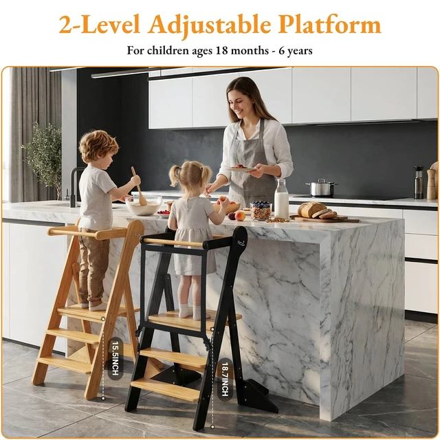 Alt view image 3 of 7 - Toddler Standing Tower Foldable Toddler Kitchen Step Stool | Adjustable Height Folding Step Stool for Kids Learning, Cooking - Ages 18 Months-6 Years with Safety Net Natural & Charcoal