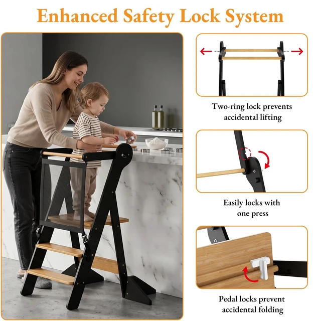 Alt view image 4 of 7 - Toddler Standing Tower Foldable Toddler Kitchen Step Stool | Adjustable Height Folding Step Stool for Kids Learning, Cooking - Ages 18 Months-6 Years with Safety Net Natural & Charcoal