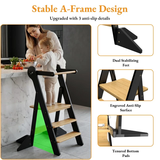 Alt view image 5 of 7 - Toddler Standing Tower Foldable Toddler Kitchen Step Stool | Adjustable Height Folding Step Stool for Kids Learning, Cooking - Ages 18 Months-6 Years with Safety Net Natural & Charcoal