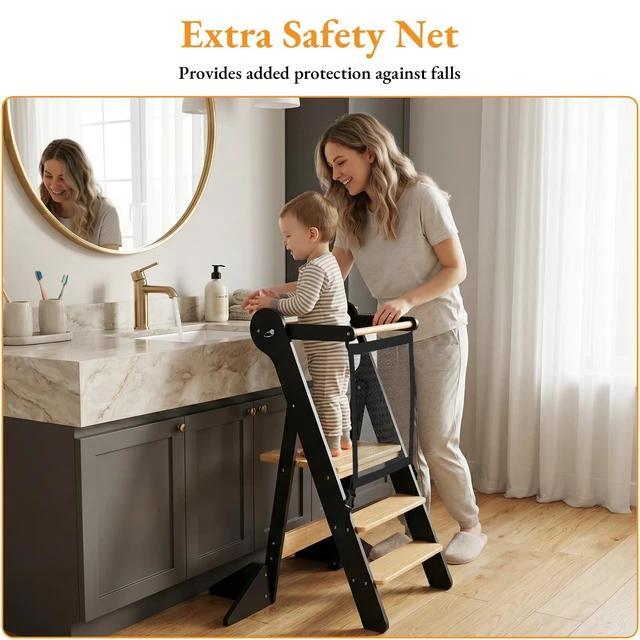 Alt view image 6 of 7 - Toddler Standing Tower Foldable Toddler Kitchen Step Stool | Adjustable Height Folding Step Stool for Kids Learning, Cooking - Ages 18 Months-6 Years with Safety Net Natural & Charcoal