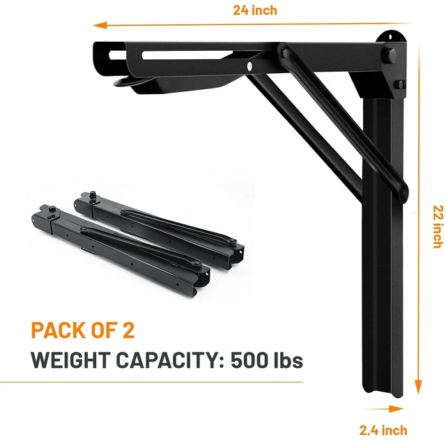 Alt view image 2 of 6 - 24" Folding Shelf Brackets Wall Mount Collapsible Shelf Bracket | Heavy Duty Folding Table Brackets Max Load 500lb Space Saving (Pack of 2, No Board)