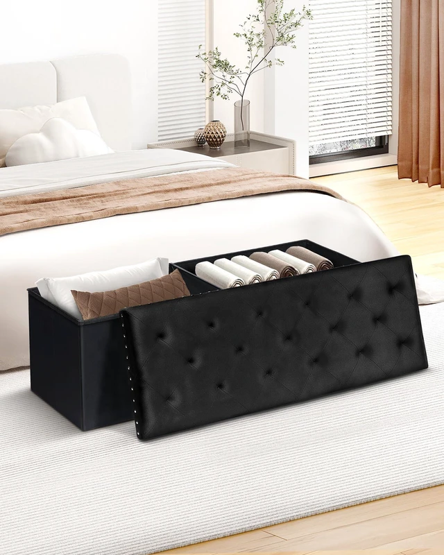 Alt view image 2 of 6 - Storage Ottoman Bench, 43" Velvet Ottoman With Storage, Black | 140L Large Storage Space, Tufted Foldable Long Storage Bench for Bedroom , Living Room, Entryway