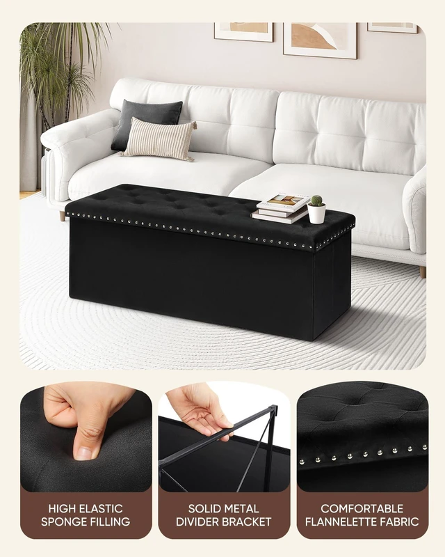Alt view image 5 of 6 - Storage Ottoman Bench, 43" Velvet Ottoman With Storage, Black | 140L Large Storage Space, Tufted Foldable Long Storage Bench for Bedroom , Living Room, Entryway