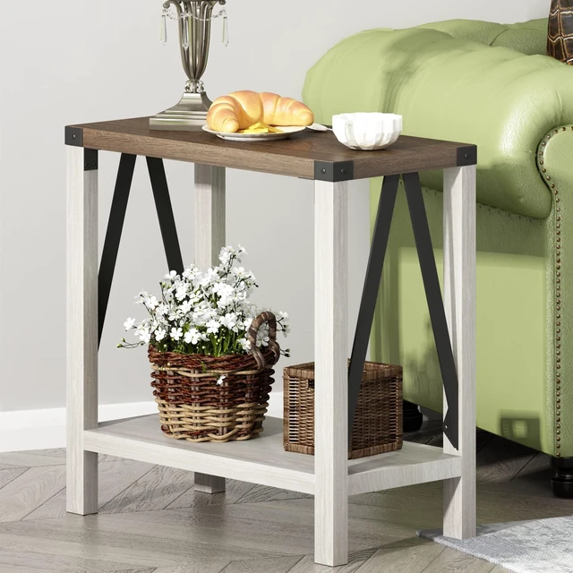 Main image of Farmhouse End Table, Narrow Side Table with Storage Shelf | Small Nightstand Sofa Table for Living Room, Bedroom, White & Brown