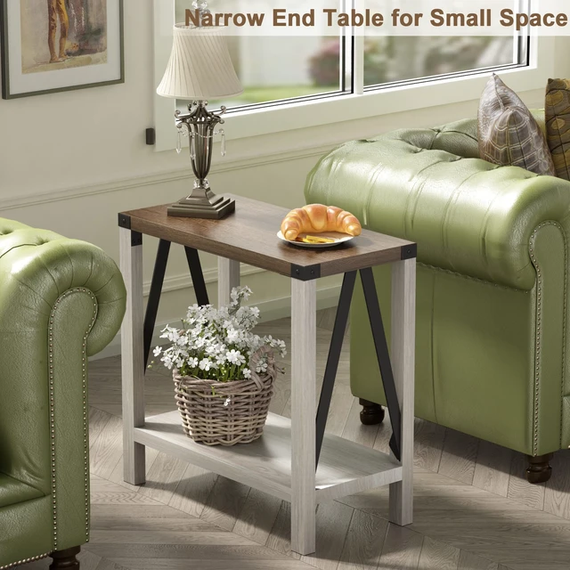 Alt view image 2 of 7 - Farmhouse End Table, Narrow Side Table with Storage Shelf | Small Nightstand Sofa Table for Living Room, Bedroom, White & Brown