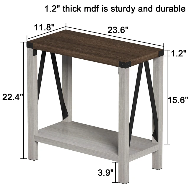 Alt view image 4 of 7 - Farmhouse End Table, Narrow Side Table with Storage Shelf | Small Nightstand Sofa Table for Living Room, Bedroom, White & Brown