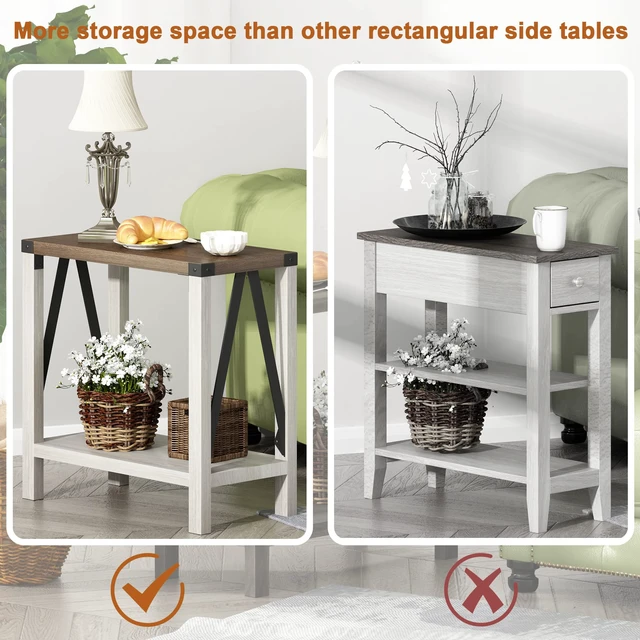 Alt view image 5 of 7 - Farmhouse End Table, Narrow Side Table with Storage Shelf | Small Nightstand Sofa Table for Living Room, Bedroom, White & Brown