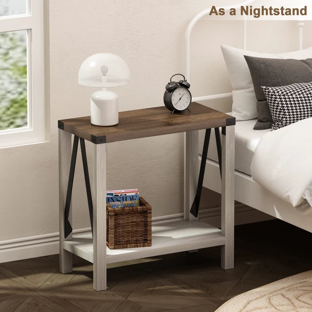 Alt view image 7 of 7 - Farmhouse End Table, Narrow Side Table with Storage Shelf | Small Nightstand Sofa Table for Living Room, Bedroom, White & Brown