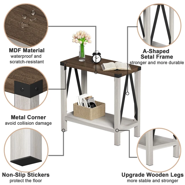 Alt view image 6 of 7 - Farmhouse End Table, Narrow Side Table with Storage Shelf | Small Nightstand Sofa Table for Living Room, Bedroom, White & Brown