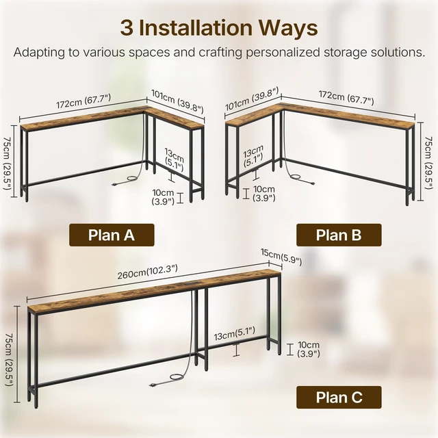 Alt view image 4 of 7 - 102.4" Narrow Long Console Table, L Shaped Behind Couch Table | 102.4 inch Extra Long, L Shaped, with Outlets and USB-C Ports, Sofa Table Narrow Long, 3 Assembly Options, for Living Room
