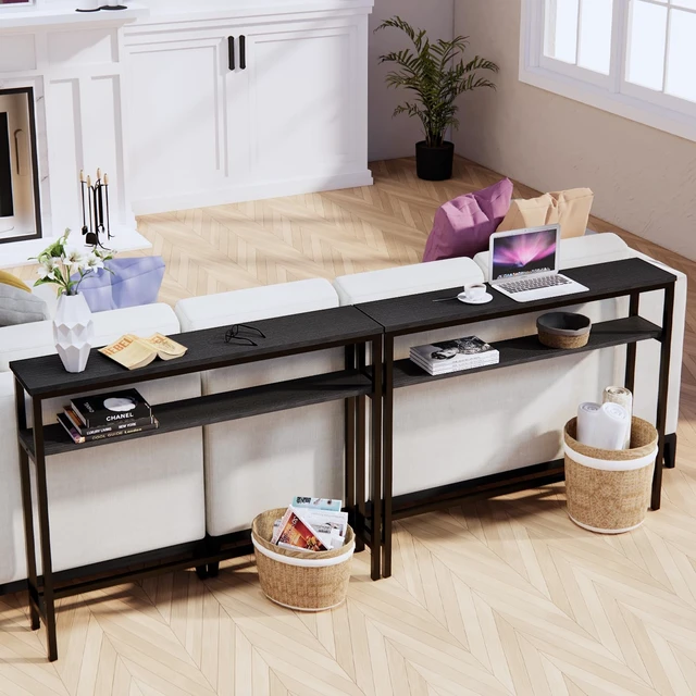 Alt view image 4 of 7 - Narrow Console Table, 39.4 Sofa Table with Adjustable Shelf | 2-Tier Long Skinny Table for Hallway, Entryway, Living Room, Foyer, Black