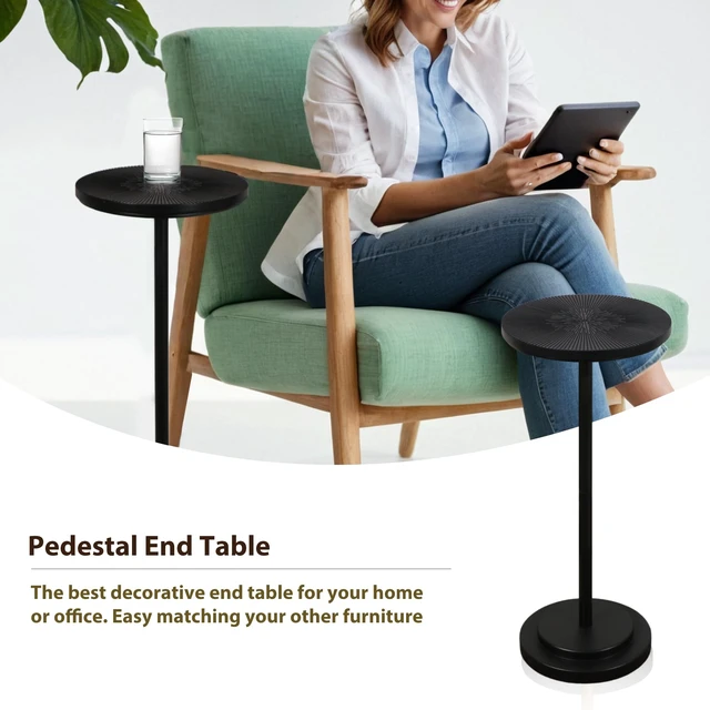 Alt view image 3 of 7 - Drink Table Set of 2, Small Round Pedestal Side Table with Carved Top for Living Room, Bedroom, Small Space, Corners and Office, Black