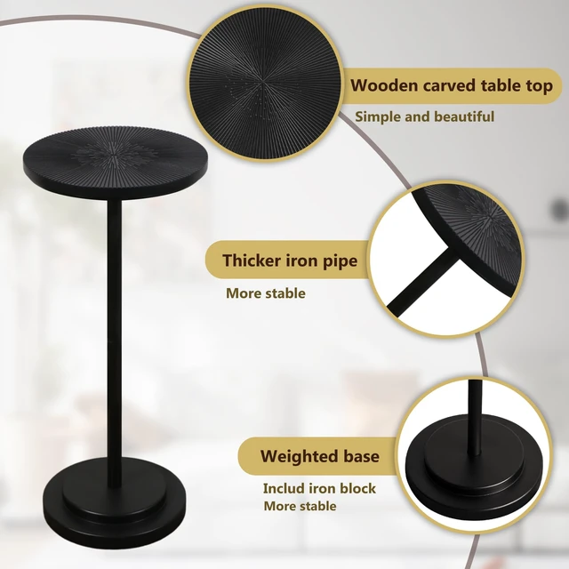 Alt view image 4 of 7 - Drink Table Set of 2, Small Round Pedestal Side Table with Carved Top for Living Room, Bedroom, Small Space, Corners and Office, Black