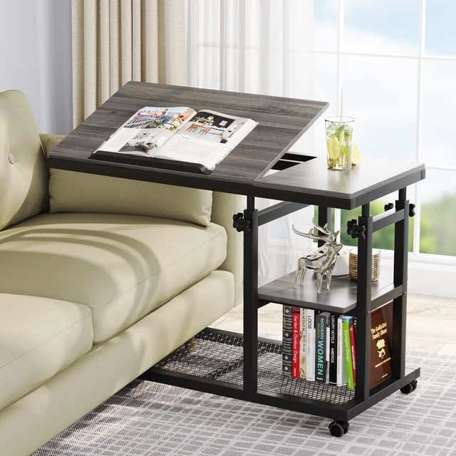 Main image of Height Adjustable C Table with Wheels, Mobile Couch Snack Side Table with Tiltable Drawing Board, Sofa Bedside Laptop Stand C Shaped TV Tray with Storage Shelves (Grey)