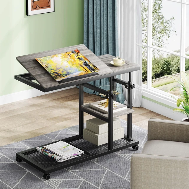 Alt view image 2 of 7 - Height Adjustable C Table with Wheels, Mobile Couch Snack Side Table with Tiltable Drawing Board, Sofa Bedside Laptop Stand C Shaped TV Tray with Storage Shelves (Grey)