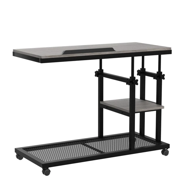 Alt view image 4 of 7 - Height Adjustable C Table with Wheels, Mobile Couch Snack Side Table with Tiltable Drawing Board, Sofa Bedside Laptop Stand C Shaped TV Tray with Storage Shelves (Grey)