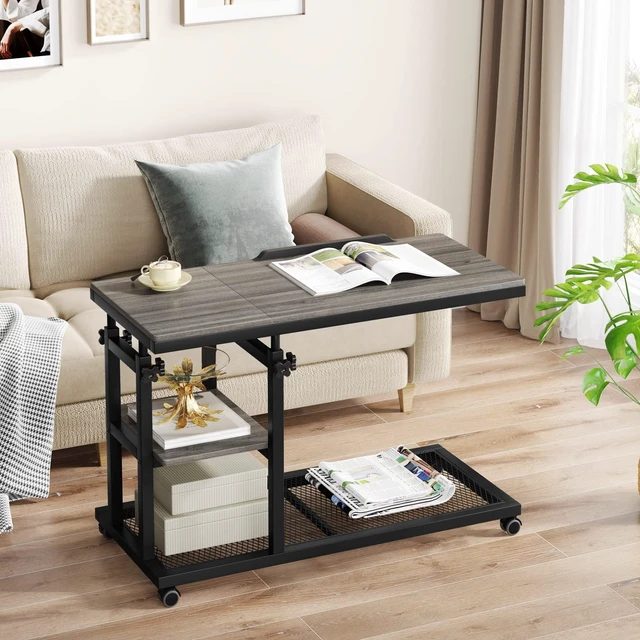 Alt view image 3 of 7 - Height Adjustable C Table with Wheels, Mobile Couch Snack Side Table with Tiltable Drawing Board, Sofa Bedside Laptop Stand C Shaped TV Tray with Storage Shelves (Grey)