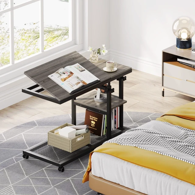 Alt view image 5 of 7 - Height Adjustable C Table with Wheels, Mobile Couch Snack Side Table with Tiltable Drawing Board, Sofa Bedside Laptop Stand C Shaped TV Tray with Storage Shelves (Grey)