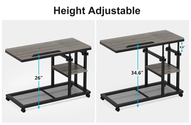 Alt view image 7 of 7 - Height Adjustable C Table with Wheels, Mobile Couch Snack Side Table with Tiltable Drawing Board, Sofa Bedside Laptop Stand C Shaped TV Tray with Storage Shelves (Grey)