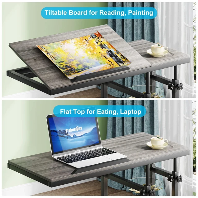 Alt view image 6 of 7 - Height Adjustable C Table with Wheels, Mobile Couch Snack Side Table with Tiltable Drawing Board, Sofa Bedside Laptop Stand C Shaped TV Tray with Storage Shelves (Grey)
