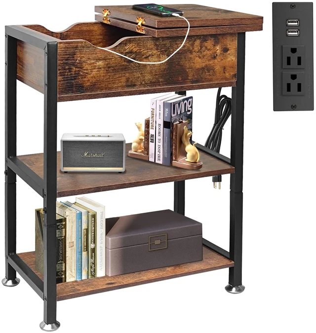 Main image of Flip Top End Table with Hidden Charging Station, 12" D x 21" W x 26" H | Small Side Tables with Storage & Shelves, Compact Side Table for Small Spaces, Skinny End Tables Living Room, Wood and Metal