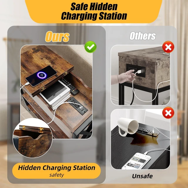 Alt view image 2 of 7 - Flip Top End Table with Hidden Charging Station, 12" D x 21" W x 26" H | Small Side Tables with Storage & Shelves, Compact Side Table for Small Spaces, Skinny End Tables Living Room, Wood and Metal