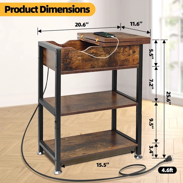 Alt view image 3 of 7 - Flip Top End Table with Hidden Charging Station, 12" D x 21" W x 26" H | Small Side Tables with Storage & Shelves, Compact Side Table for Small Spaces, Skinny End Tables Living Room, Wood and Metal