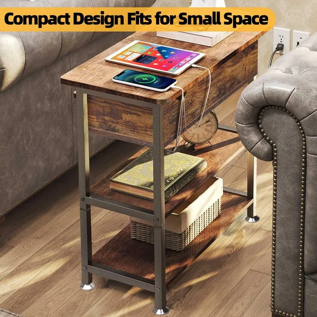 Alt view image 5 of 7 - Flip Top End Table with Hidden Charging Station, 12" D x 21" W x 26" H | Small Side Tables with Storage & Shelves, Compact Side Table for Small Spaces, Skinny End Tables Living Room, Wood and Metal
