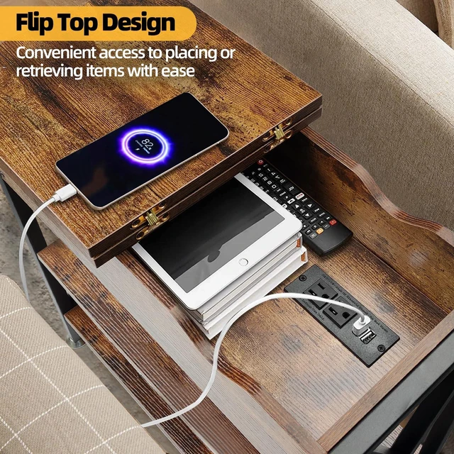 Alt view image 6 of 7 - Flip Top End Table with Hidden Charging Station, 12" D x 21" W x 26" H | Small Side Tables with Storage & Shelves, Compact Side Table for Small Spaces, Skinny End Tables Living Room, Wood and Metal