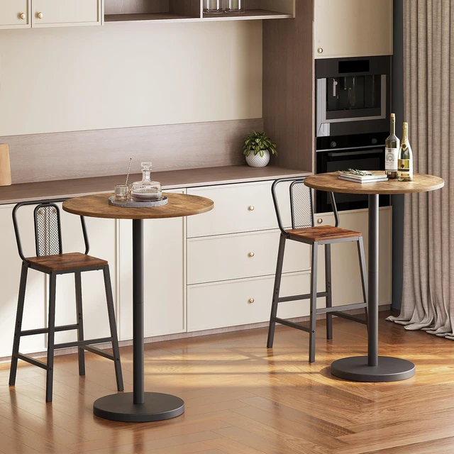 Alt view image 3 of 7 - Bar Table, Round Bar Table Set of 2, Counter Height Table, Pub Cocktail Table, Metal Frame, for Bistro, Dining Room, Living Room, Terrace, Rustic Brown and Black BT05L2BRY1