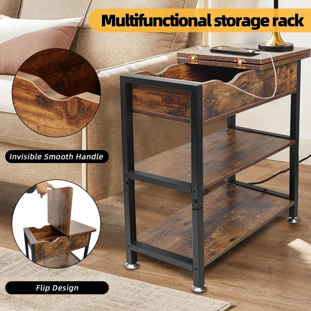 Alt view image 7 of 7 - Flip Top End Table with Hidden Charging Station, 12" D x 21" W x 26" H | Small Side Tables with Storage & Shelves, Compact Side Table for Small Spaces, Skinny End Tables Living Room, Wood and Metal