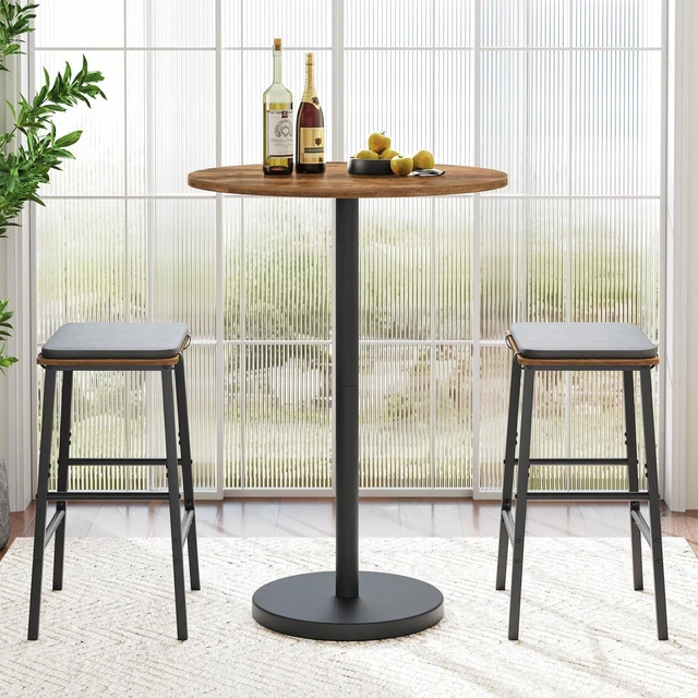 Alt view image 6 of 7 - Bar Table, Round Bar Table Set of 2, Counter Height Table, Pub Cocktail Table, Metal Frame, for Bistro, Dining Room, Living Room, Terrace, Rustic Brown and Black BT05L2BRY1