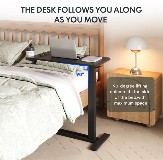 Alt view image 3 of 7 - H7 28" Pneumatic Height-Adjustable Overbed Table with Wheels | C-shaped bedside table,Medical End Table,Rolling Cart TV Tray,Laptop desk for Hospital Home office use,27.6"Wx15.7"D,Black