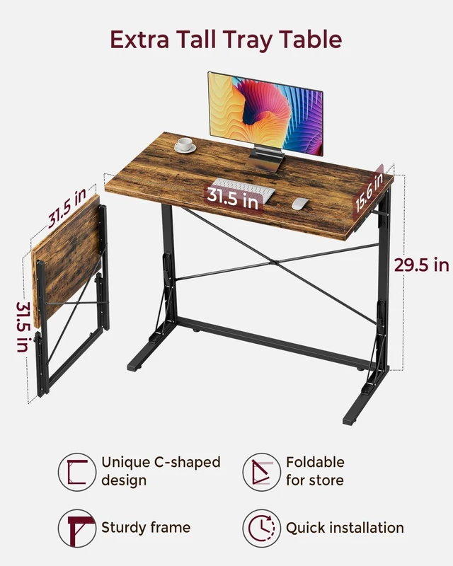 Alt view image 2 of 7 - 31.5" Folding TV Tray Table for Eating on Couch, Rustic Brown | Foldable Couch Desk Table for Small Spaces, Extra Large TV Dinner Trays, Portable Fold Computer Writing Desk for Home Office