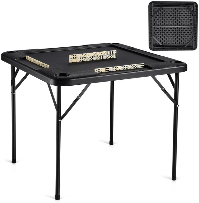 Main image of Folding Card Table Square 4 Player Mahjong Domino Game Set | For Mahjong, Poker, Puzzles, With 4 Cup Holders and 4 Chip Trays, Portable Domino Game Table with 1 Set of Dominoes, Black
