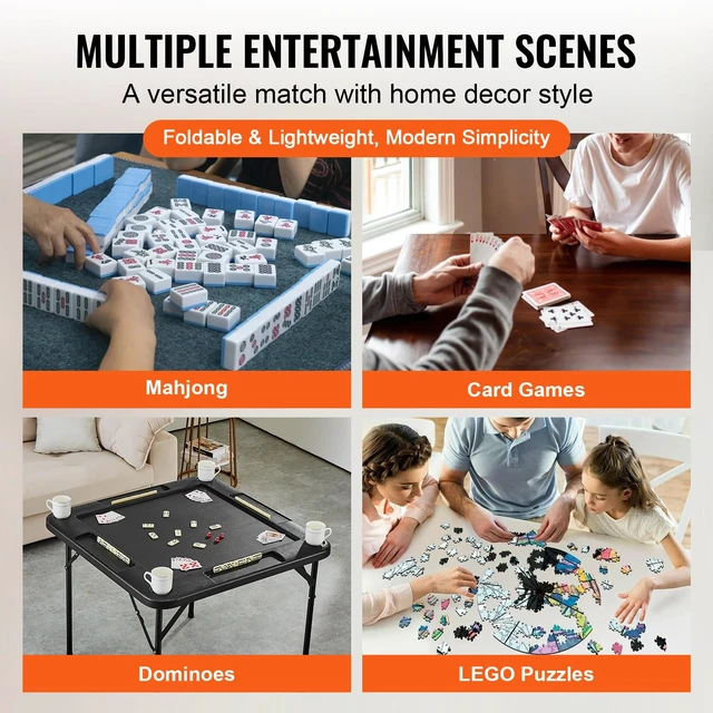 Alt view image 5 of 7 - Folding Card Table Square 4 Player Mahjong Domino Game Set | For Mahjong, Poker, Puzzles, With 4 Cup Holders and 4 Chip Trays, Portable Domino Game Table with 1 Set of Dominoes, Black