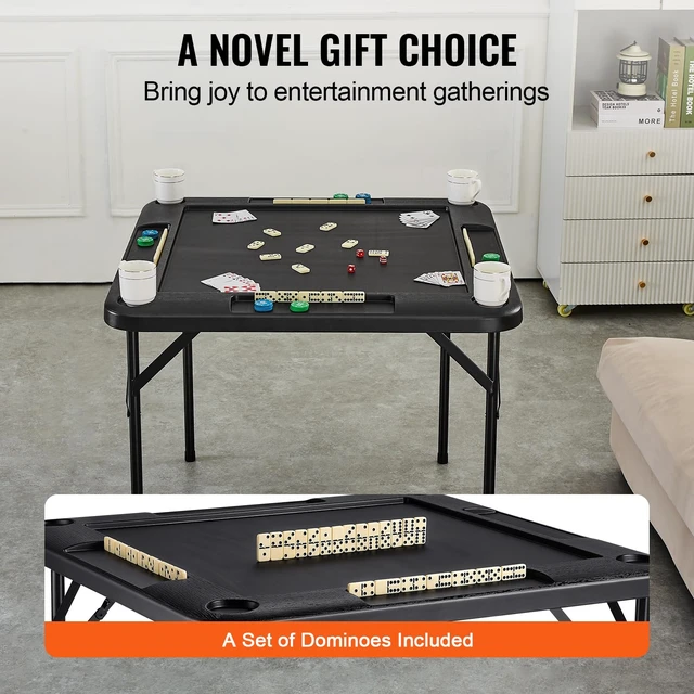 Alt view image 6 of 7 - Folding Card Table Square 4 Player Mahjong Domino Game Set | For Mahjong, Poker, Puzzles, With 4 Cup Holders and 4 Chip Trays, Portable Domino Game Table with 1 Set of Dominoes, Black